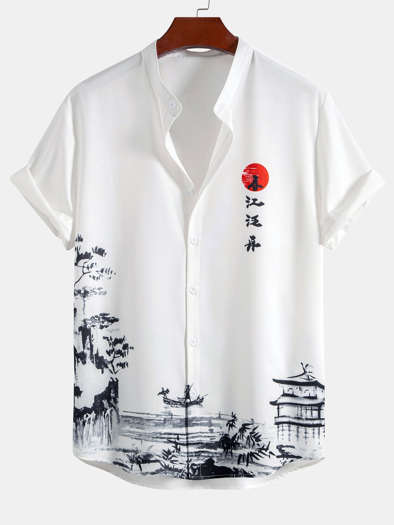 Chemise à Col Montant Imprimé Paysage en Encre – 100% Polyester, Coupe Régulière, Confortable et Élégante 0