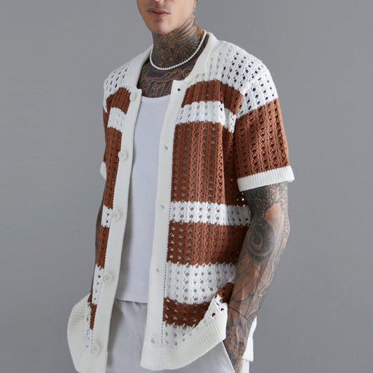 Gilet en Patchwork Blanc et Terracotta – Cardigan Aéré pour Femme, Maille Ouverte, Style Décontracté 0