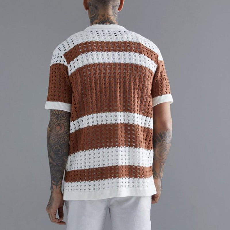Gilet en Patchwork Blanc et Terracotta – Cardigan Aéré pour Femme, Maille Ouverte, Style Décontracté 1