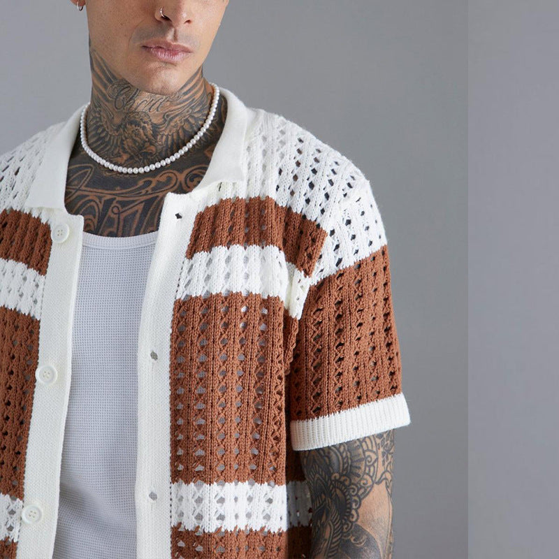 Gilet en Patchwork Blanc et Terracotta – Cardigan Aéré pour Femme, Maille Ouverte, Style Décontracté 2