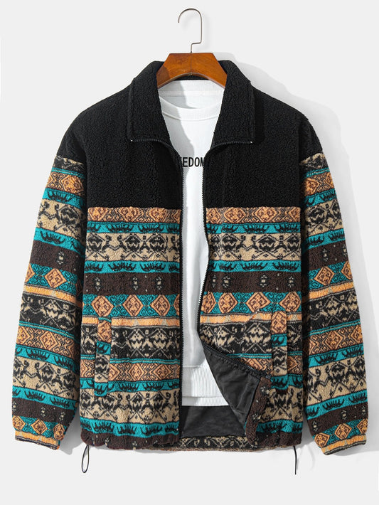 Manteau Hiver Femme en Fleece Teddy avec Imprimé Ethnique – Coupe Relax, Confort Optimal et Style Unique 0