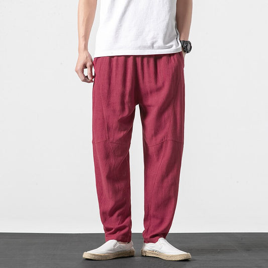 Pantalons Harem Japonais Tapered avec Taille Élastique et Poches Profondes en Coton et Lin - Confort Optimal 0