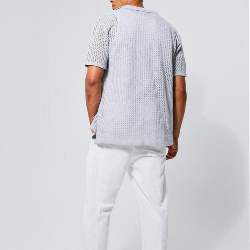 Polo Homme Maille Ouverte Gris Clair – Élégance Estivale en Coton, Confort Optimal, Tailles S à XL 1