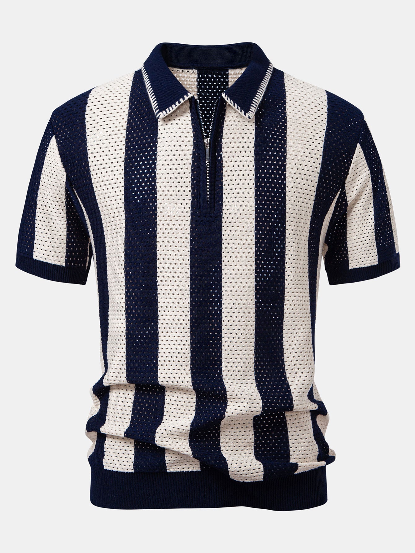 Polo Homme à Rayures en Tricot avec Col Zippé – Tissu Doux et Moderne, Coupe Régulière 2